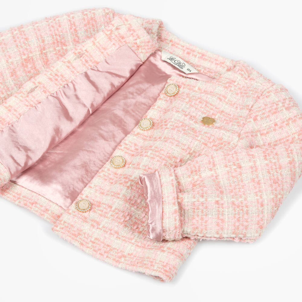 Le Chic-جاكيت تويد لون زهري وعاجي للبنات | Childrensalon