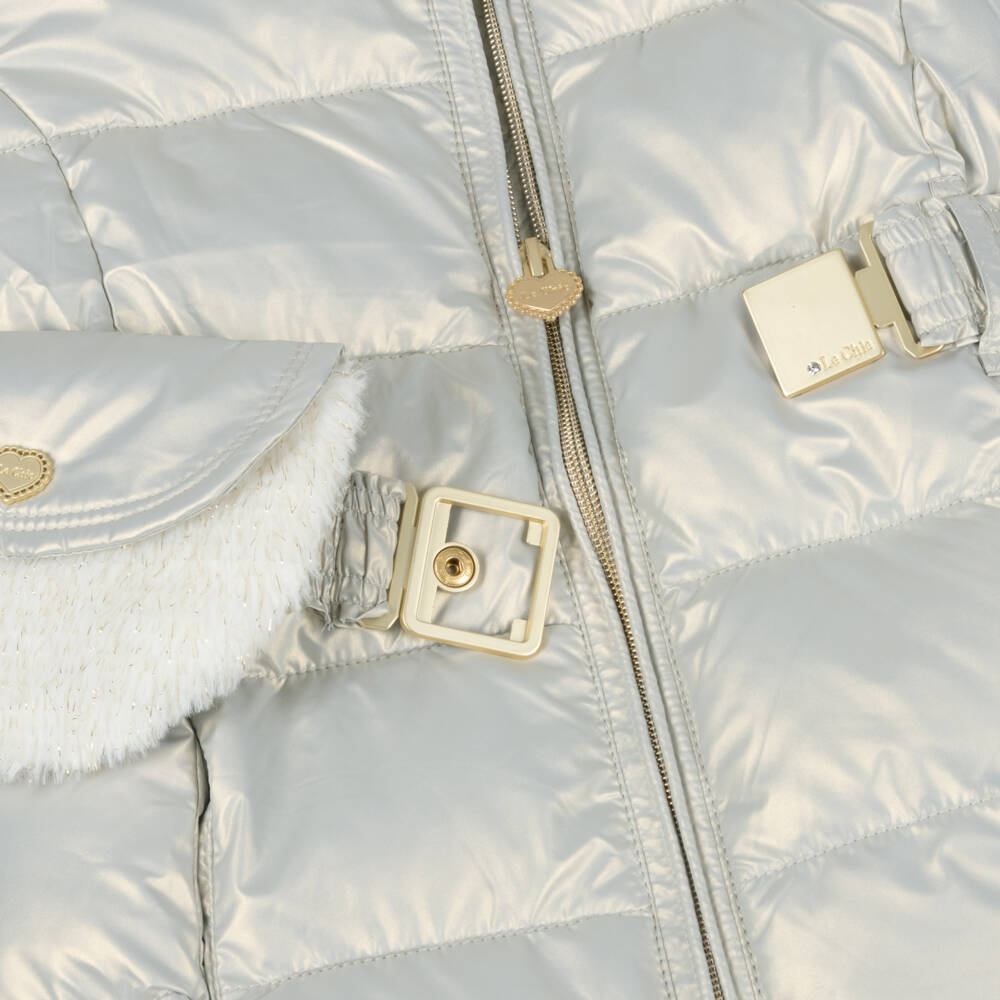 Le Chic-Girls Ivory Puffer Coat with Bag Belt & Golden Sheen | Childrensalon