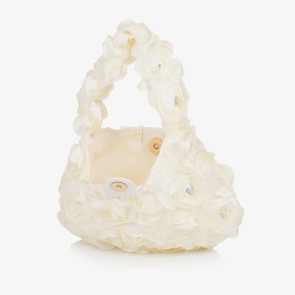 Le Chic-حقيبة يد مزينة بالورود والترتر ساتان لون عاجي للبنات (22 سم) | Childrensalon