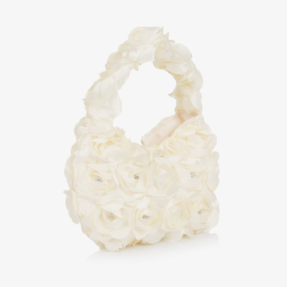 Le Chic-حقيبة يد مزينة بالورود والترتر ساتان لون عاجي للبنات (22 سم) | Childrensalon