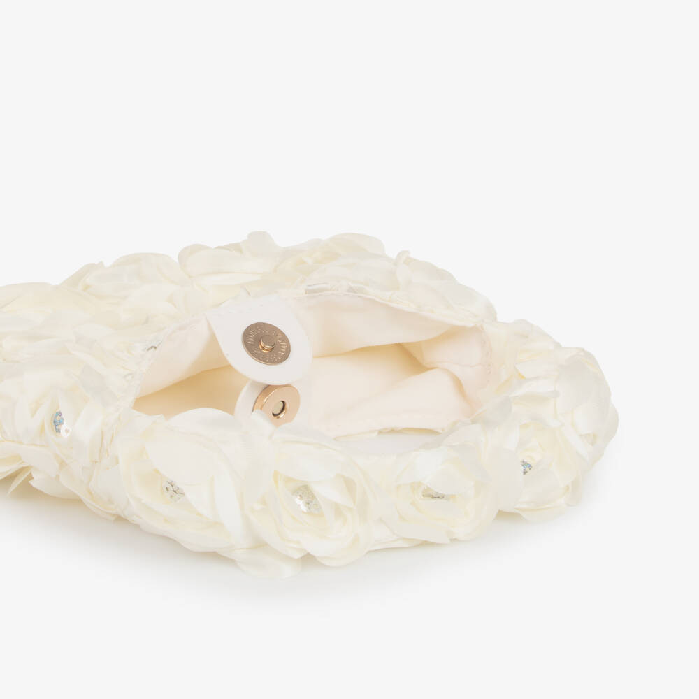 Le Chic-حقيبة يد مزينة بالورود والترتر ساتان لون عاجي للبنات (22 سم) | Childrensalon