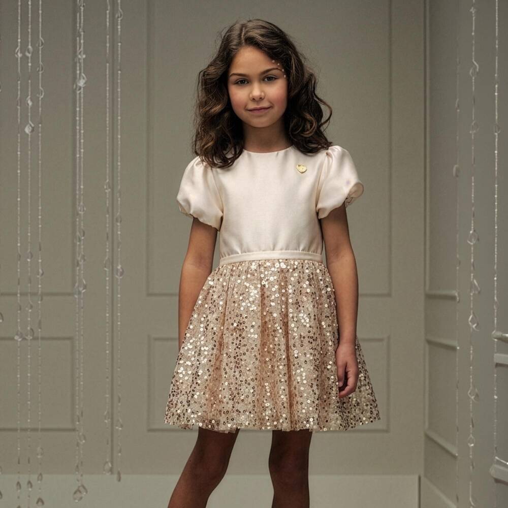 Le Chic-Girls Ivory Satin & Gold Sequin Dress | Childrensalon