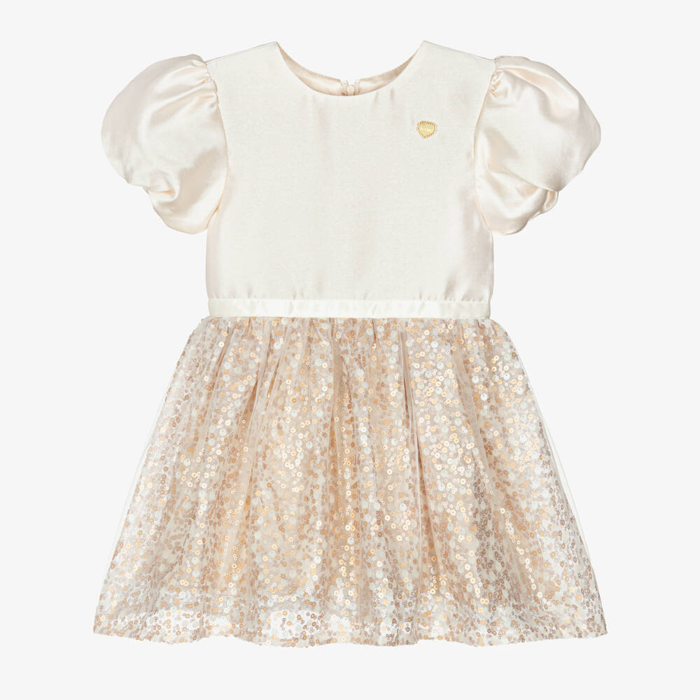 Le Chic-Girls Ivory Satin & Gold Sequin Dress | Childrensalon