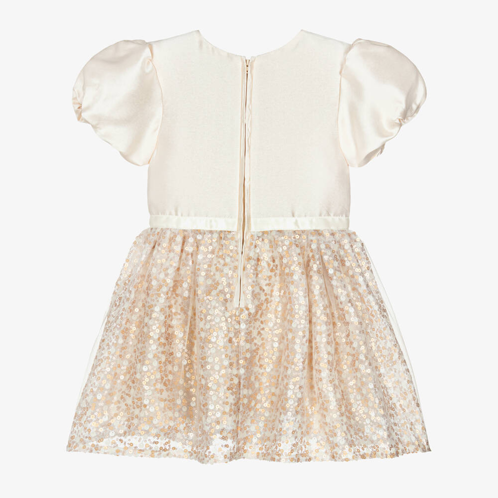 Le Chic-Girls Ivory Satin & Gold Sequin Dress | Childrensalon