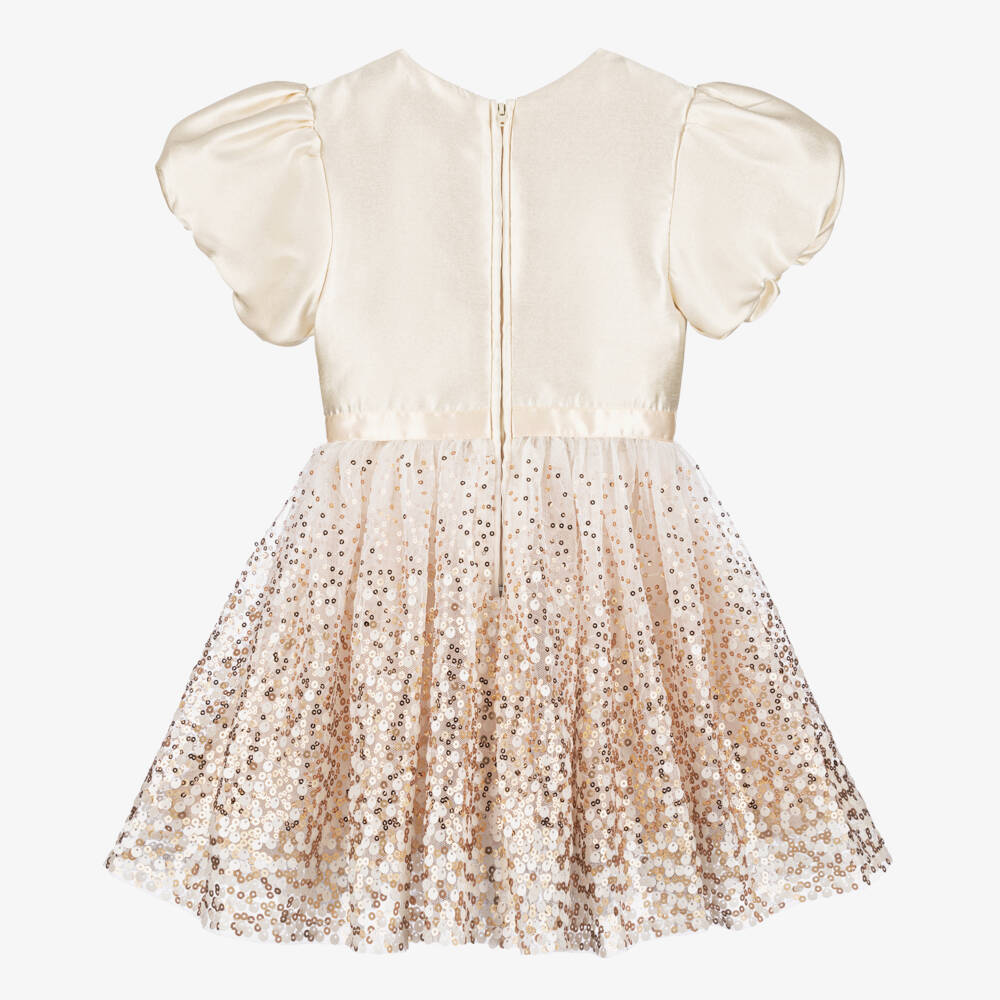 Le Chic-Girls Ivory Satin, Tulle & Gold Sequin Dress | Childrensalon
