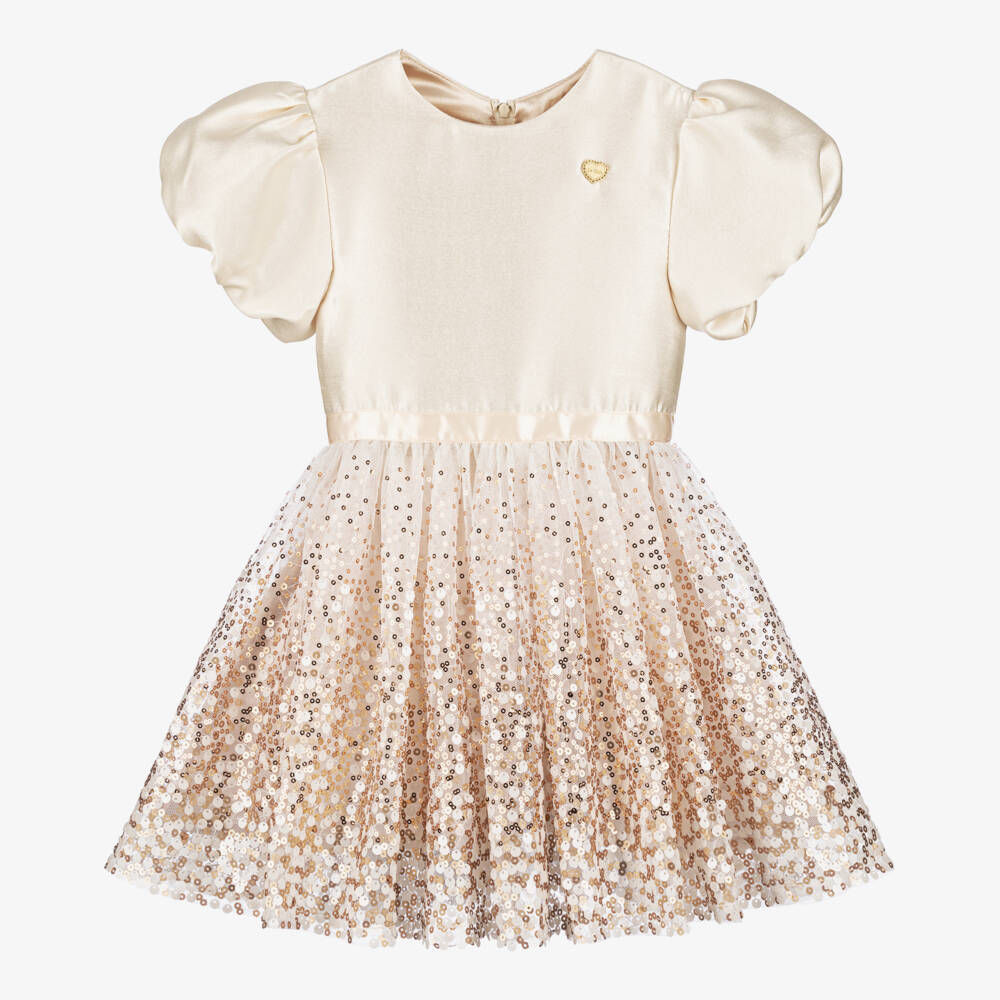 Le Chic-Girls Ivory Satin, Tulle & Gold Sequin Dress | Childrensalon