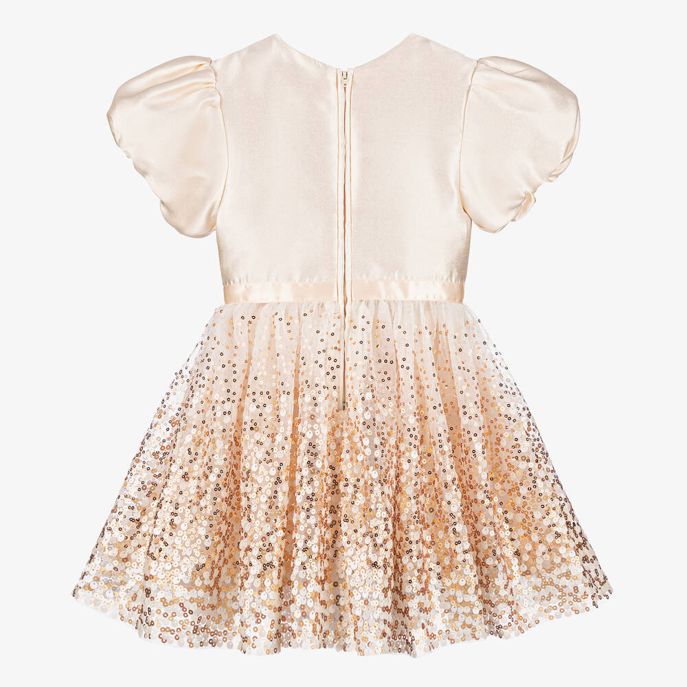Le Chic-Girls Ivory Satin, Tulle & Gold Sequin Dress | Childrensalon