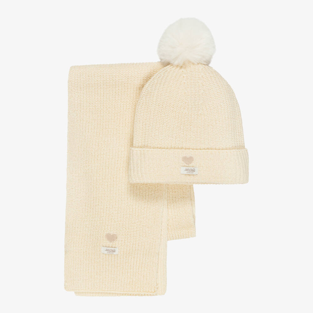 Le Chic-Girls Ivory Sparkly Knitted Hat & Scarf Set | Childrensalon