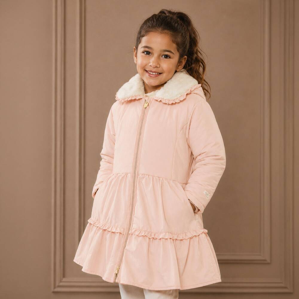 Le Chic-Girls Light Pink Collared Coat with Detachable Hood | Childrensalon
