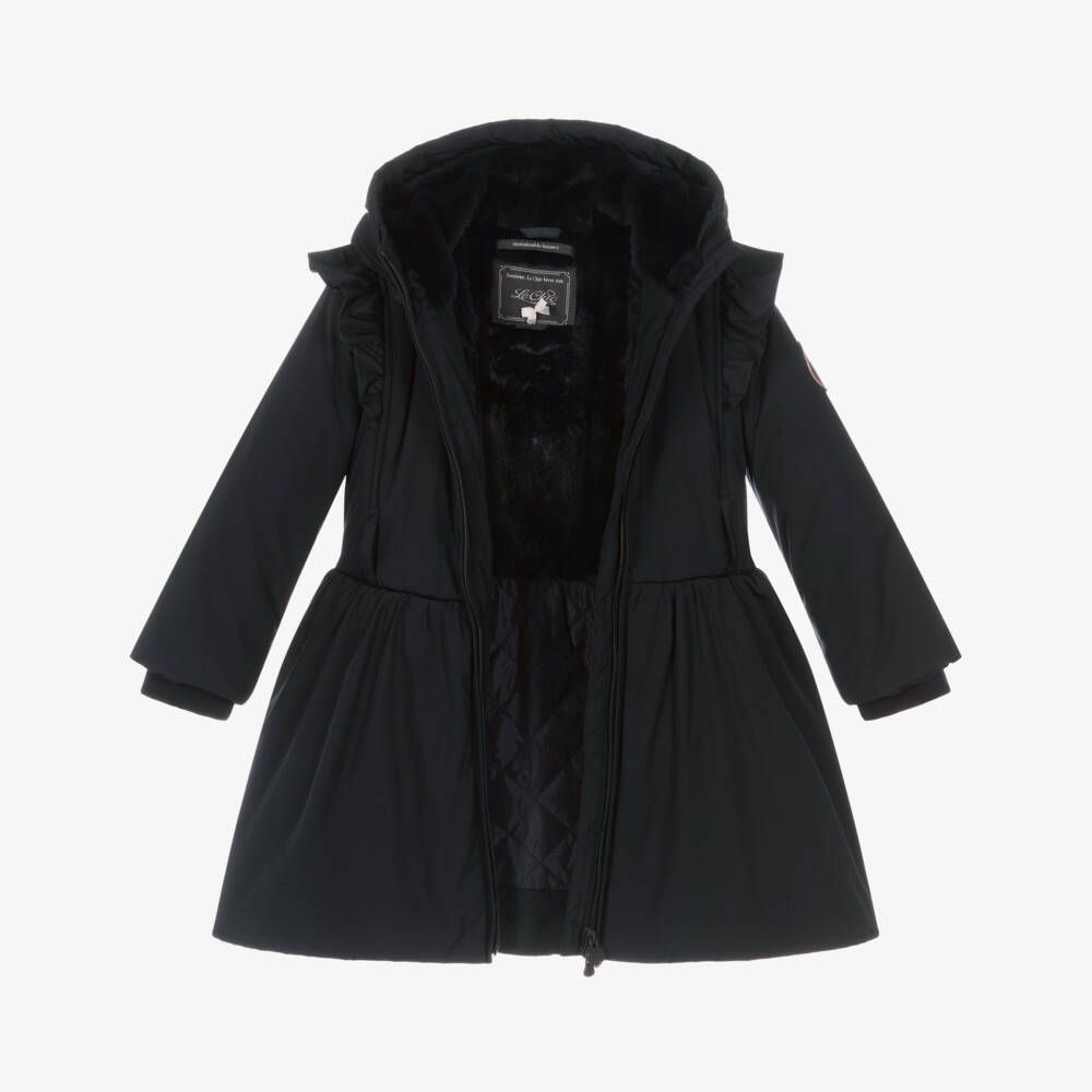 Le Chic-Girls Navy Blue Hooded Coat with Ruffles | Childrensalon