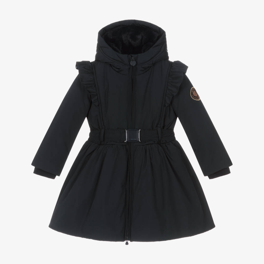 Le Chic-Girls Navy Blue Hooded Coat with Ruffles | Childrensalon