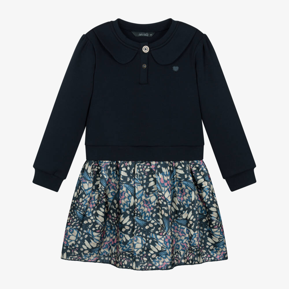 Le Chic-Girls Navy Blue Jersey Butterfly Print Dress | Childrensalon
