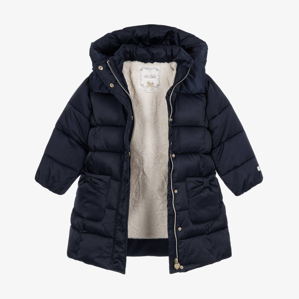 Le Chic-Girls Navy Blue Long Hooded Puffer Coat | Childrensalon