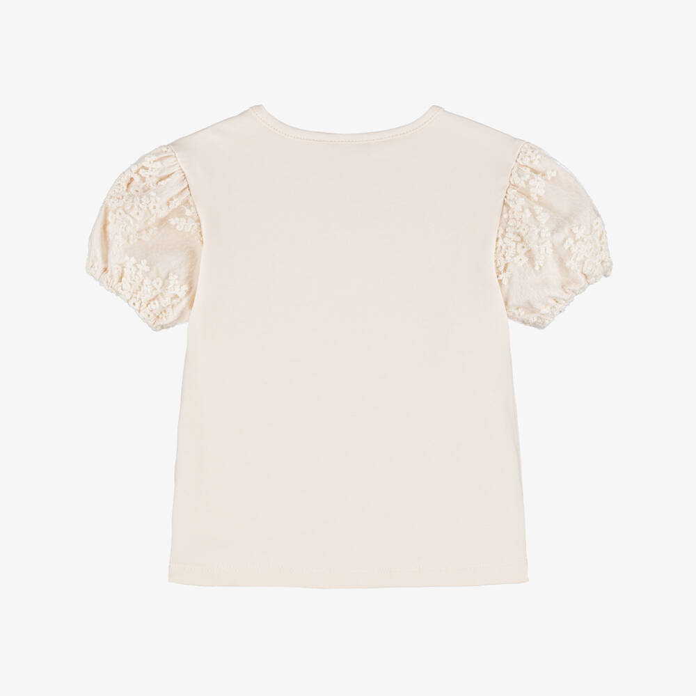 Le Chic-تيشيرت بأكمام دانتيل منفوخة لون بيج فاتح للبنات | Childrensalon