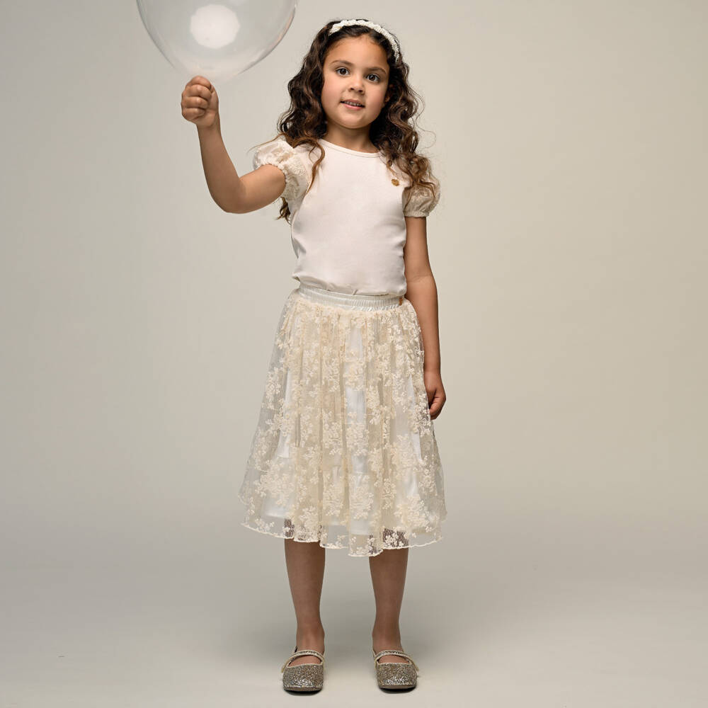 Le Chic-تيشيرت بأكمام دانتيل منفوخة لون بيج فاتح للبنات | Childrensalon