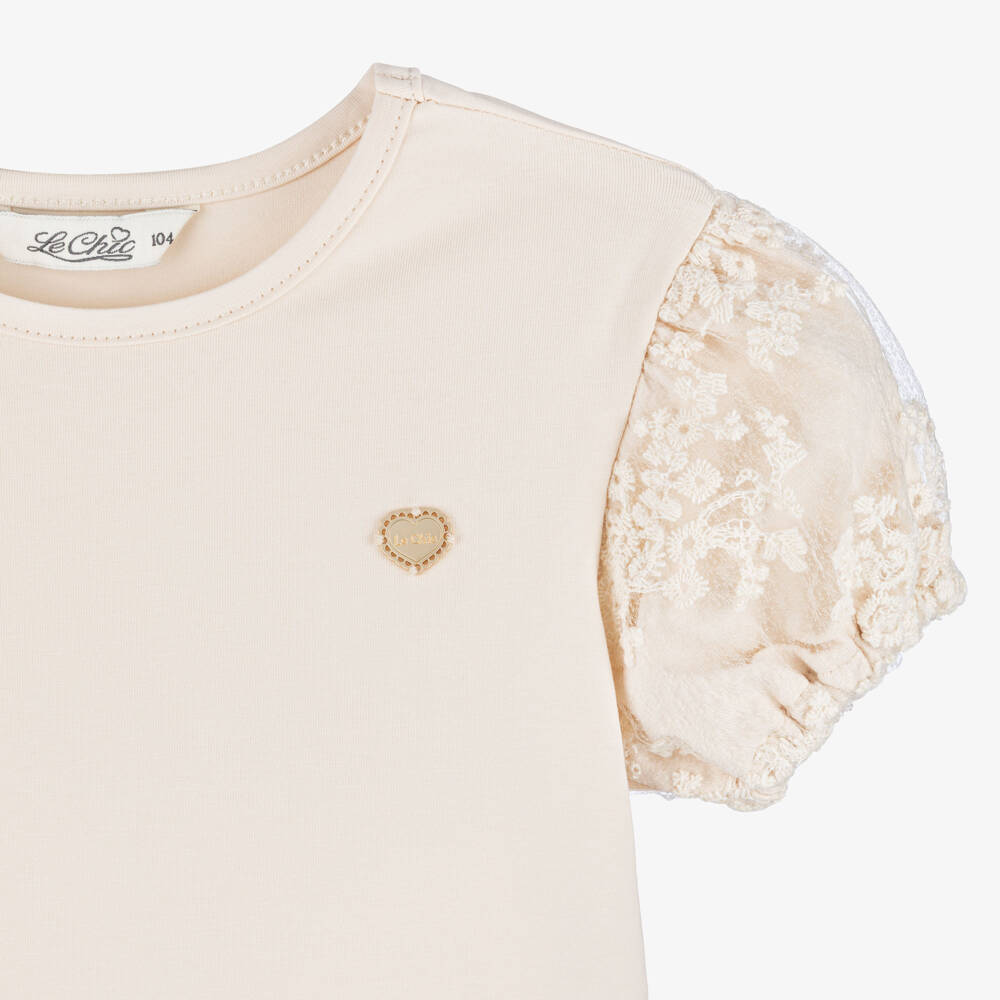 Le Chic-تيشيرت بأكمام دانتيل منفوخة لون بيج فاتح للبنات | Childrensalon