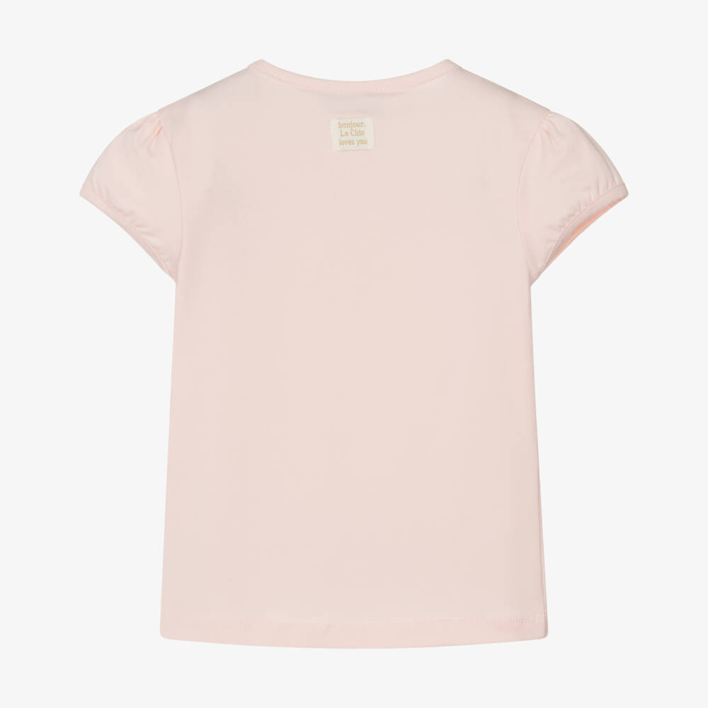 Le Chic-Girls Pale Pink Cotton T-Shirt with Faux Pearl Bow | Childrensalon