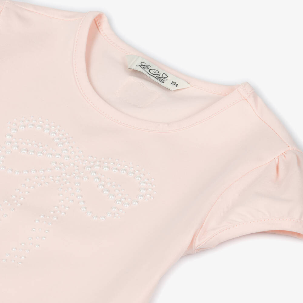 Le Chic-Girls Pale Pink Cotton T-Shirt with Faux Pearl Bow | Childrensalon