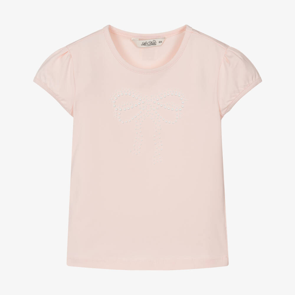 Le Chic-Girls Pale Pink Cotton T-Shirt with Faux Pearl Bow | Childrensalon