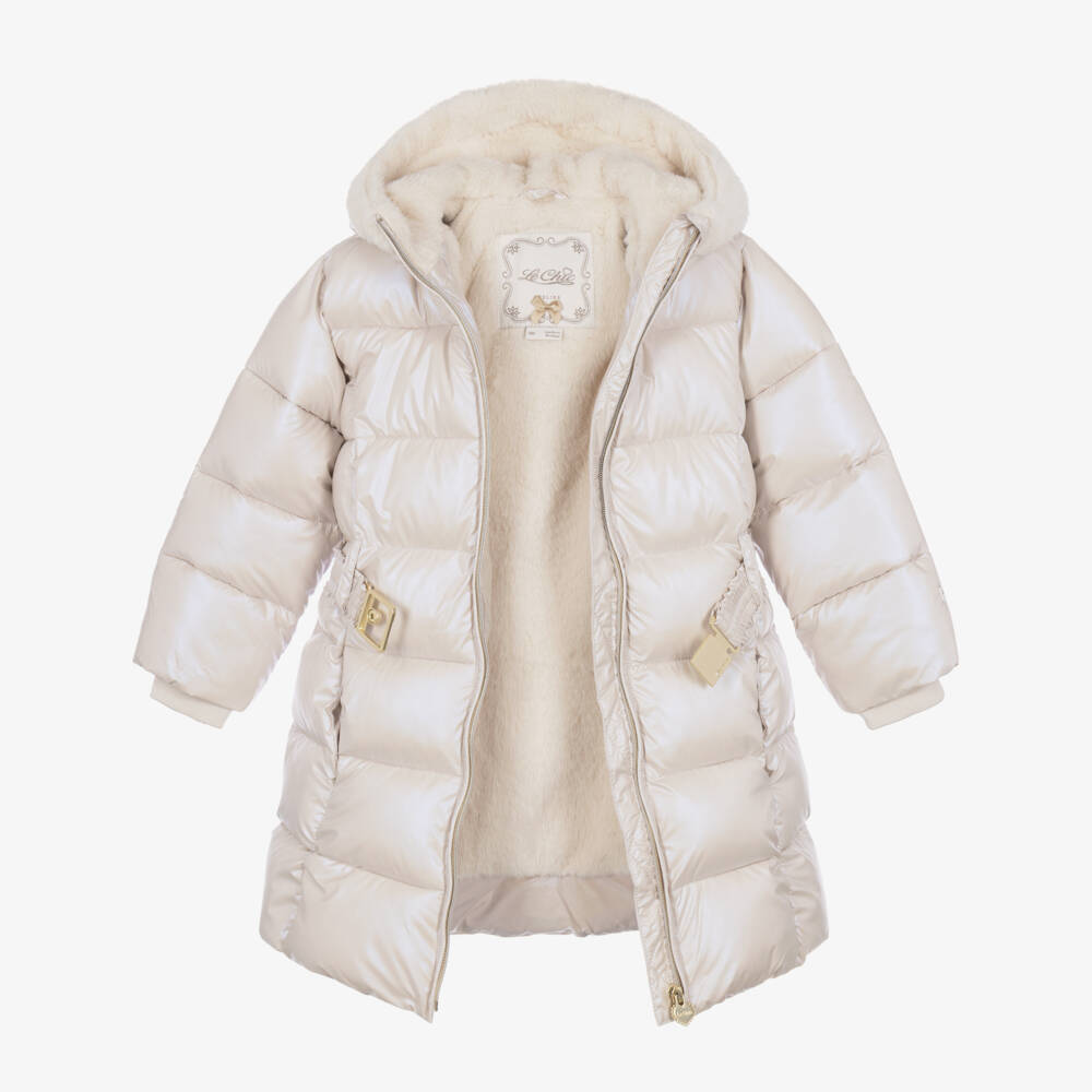 Le Chic-Girls Pearlescent Beige Puffer Coat with Belt Bag | Childrensalon