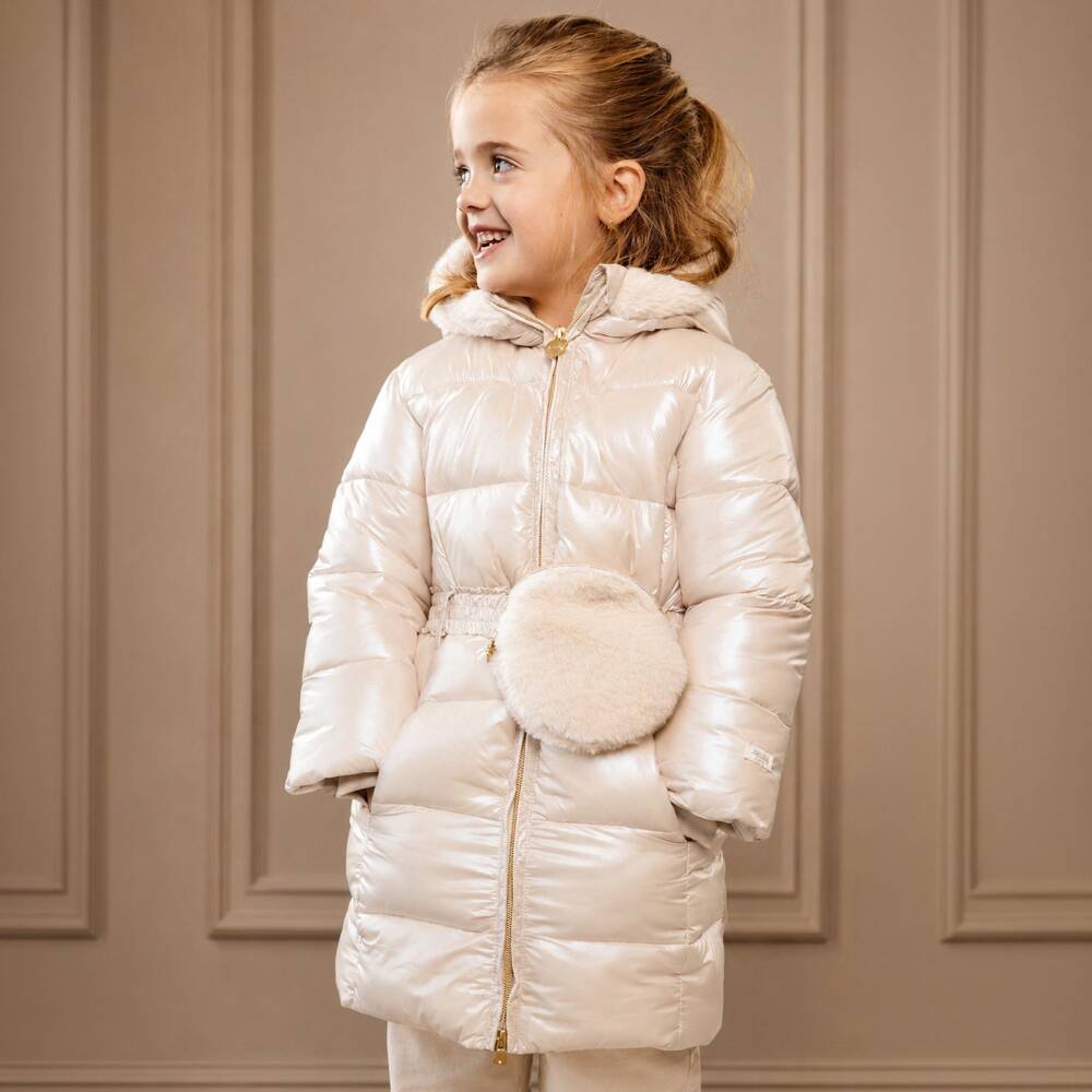Le Chic-Girls Pearlescent Beige Puffer Coat with Belt Bag | Childrensalon