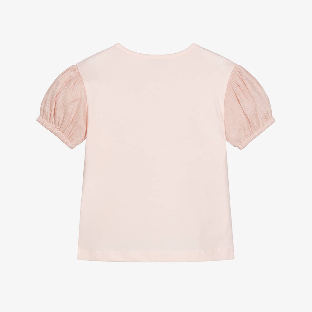 Le Chic-Girls Pink Cotton T-Shirt with Shimmery Puff Sleeves | Childrensalon