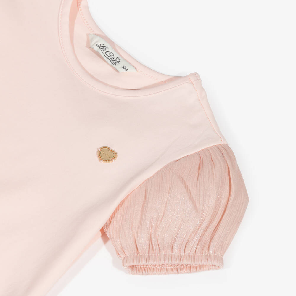 Le Chic-Girls Pink Cotton T-Shirt with Shimmery Puff Sleeves | Childrensalon