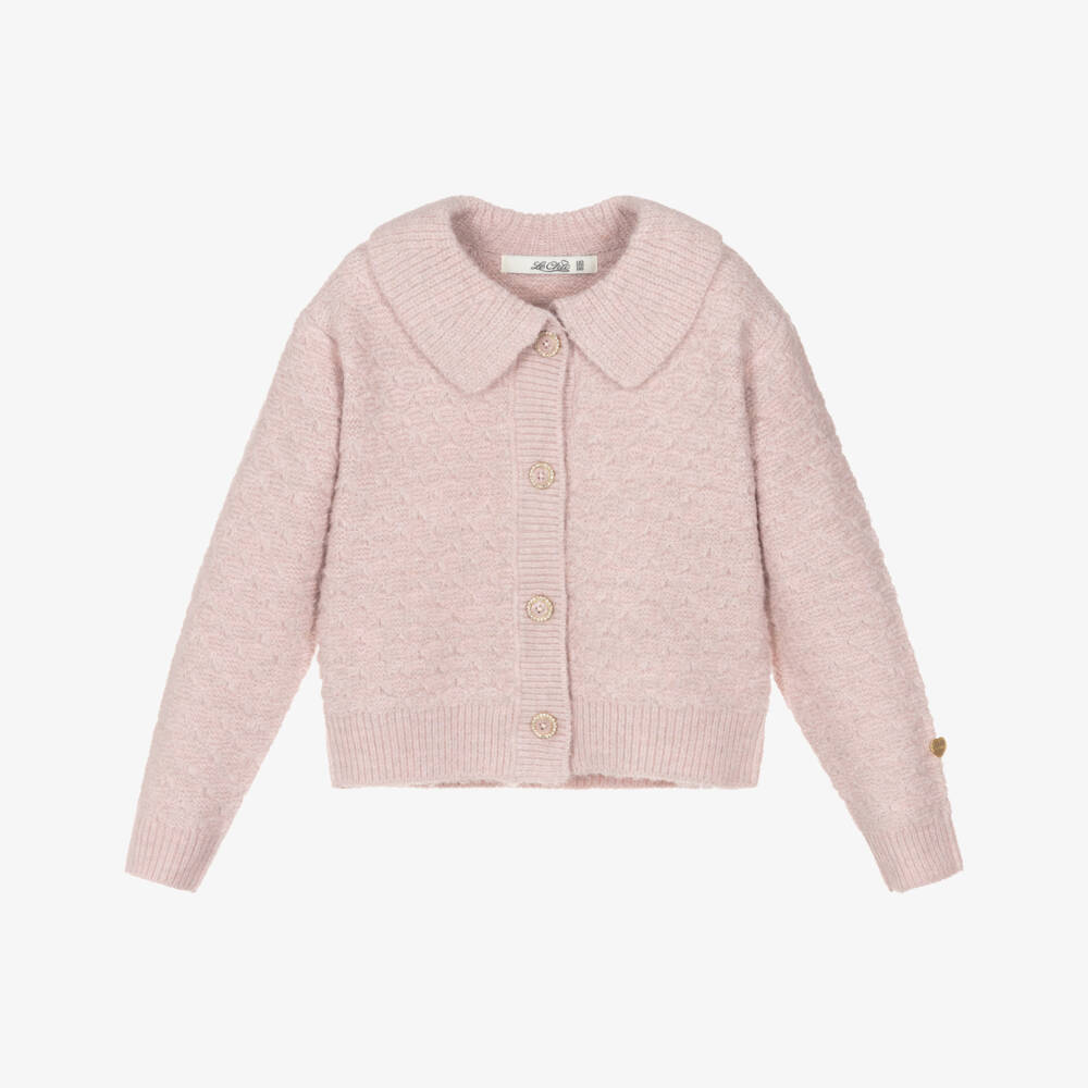 Le Chic-Girls Pink Knit Cardigan with Pearlescent Diamanté Buttons | Childrensalon