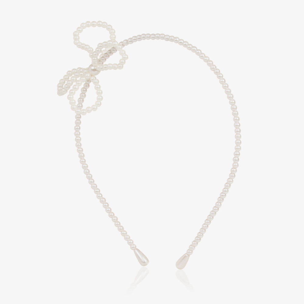 Le Chic-طوق شعر مزين بفيونكة ولؤلؤ لون أبيض للبنات | Childrensalon