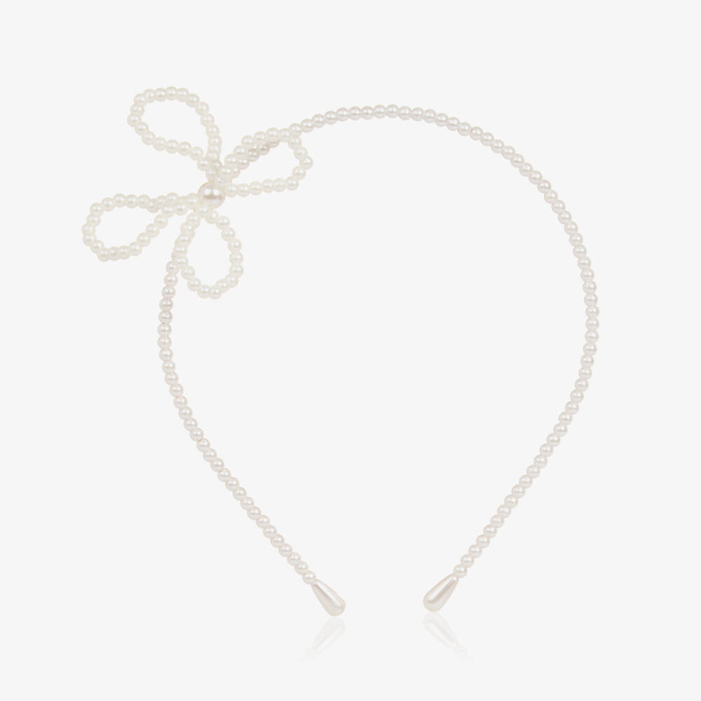 Le Chic-طوق شعر مزين بفيونكة ولؤلؤ لون أبيض للبنات | Childrensalon