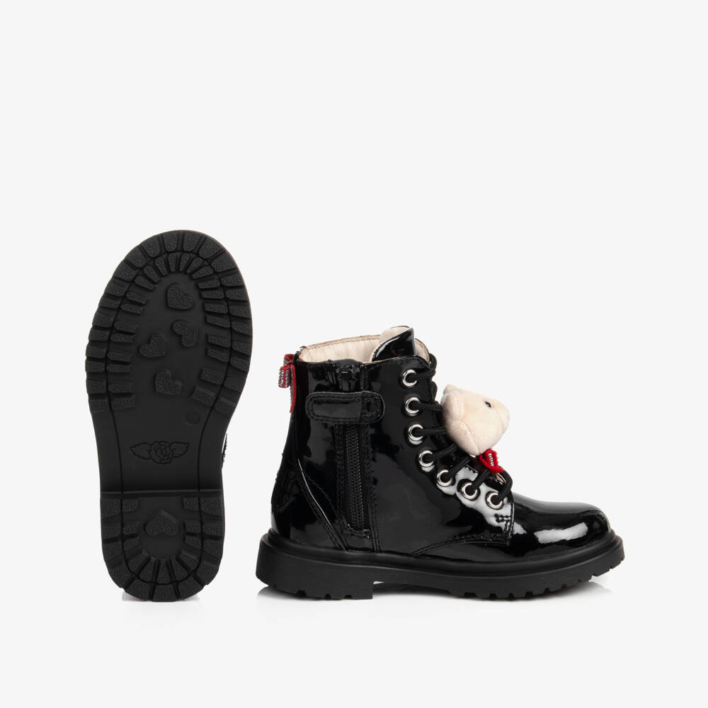 Lelli Kelly-Black Patent Leather Boots with Teddy Bear | Childrensalon