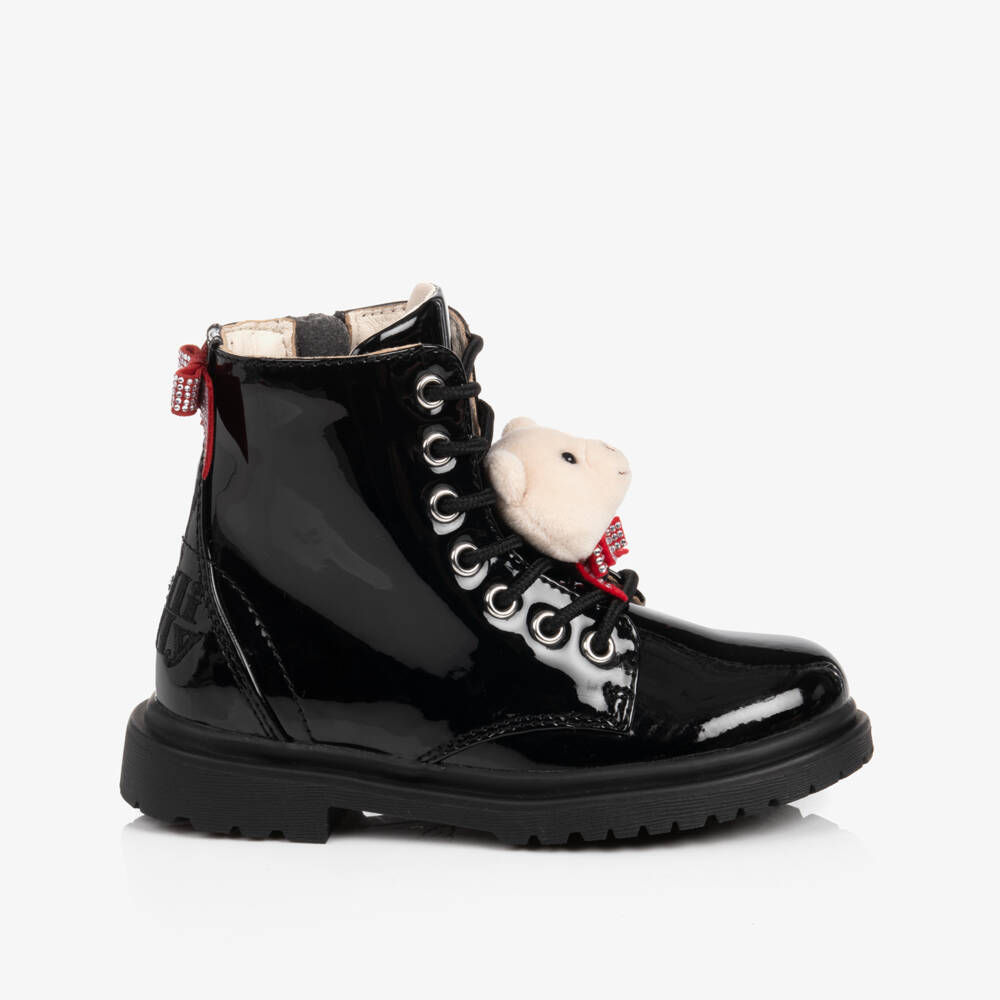 Lelli Kelly-Black Patent Leather Boots with Teddy Bear | Childrensalon