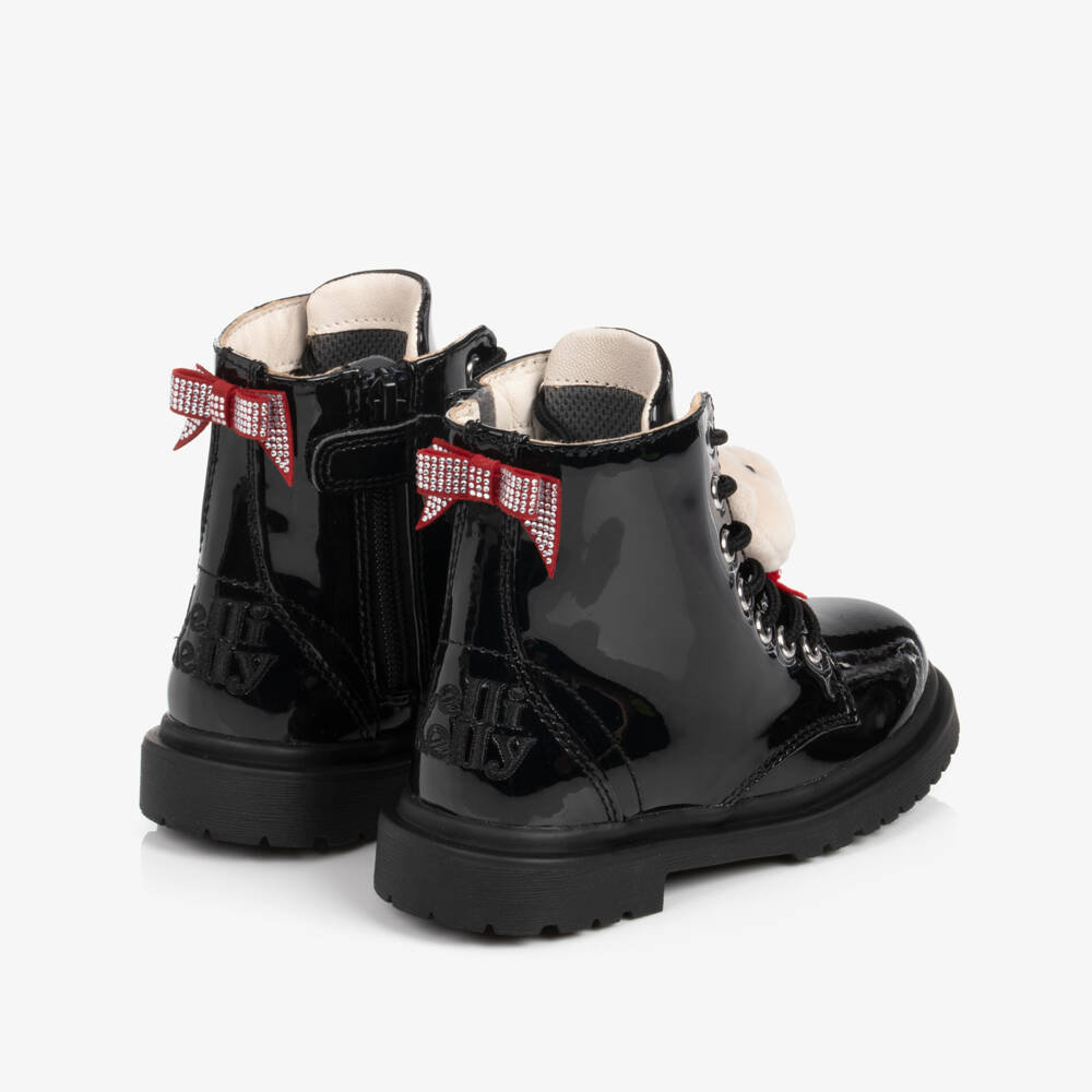 Lelli Kelly-Black Patent Leather Boots with Teddy Bear | Childrensalon