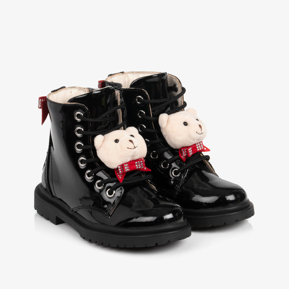 Lelli Kelly-Black Patent Leather Boots with Teddy Bear | Childrensalon