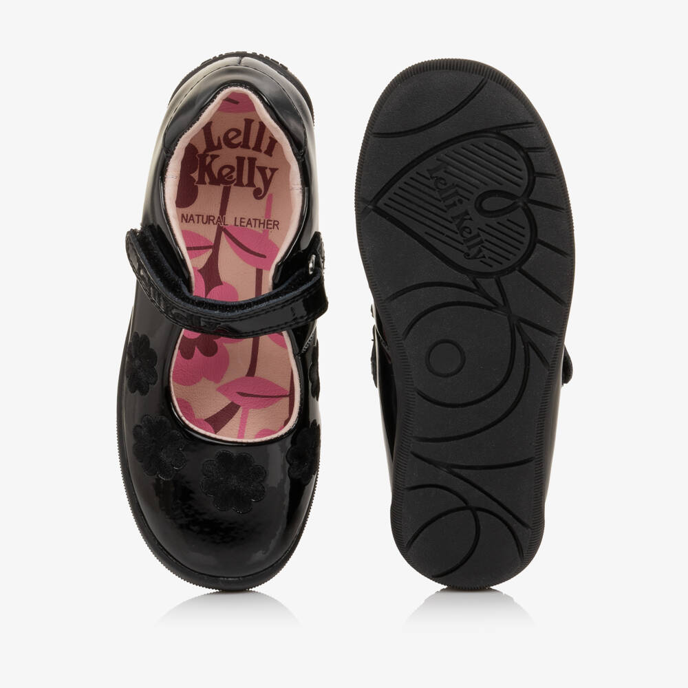 Lelli Kelly-Girls Black Patent Leather School Shoes with Flowers | Childrensalon