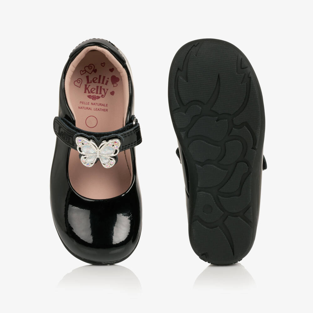 Lelli Kelly-Girls Black Patent Leather Shoes with Butterflies (G Width) | Childrensalon