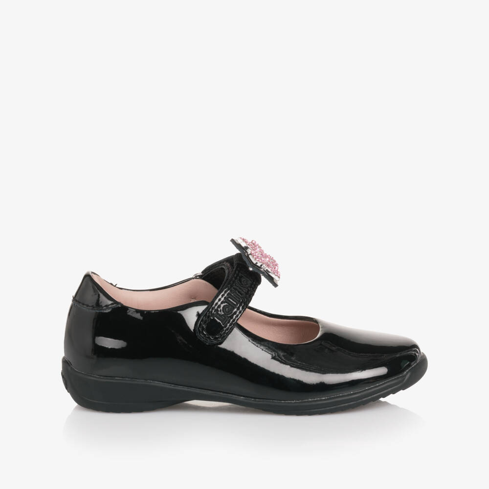 Lelli Kelly-Girls Black Patent Leather Shoes with Pink Diamante Flowers | Childrensalon
