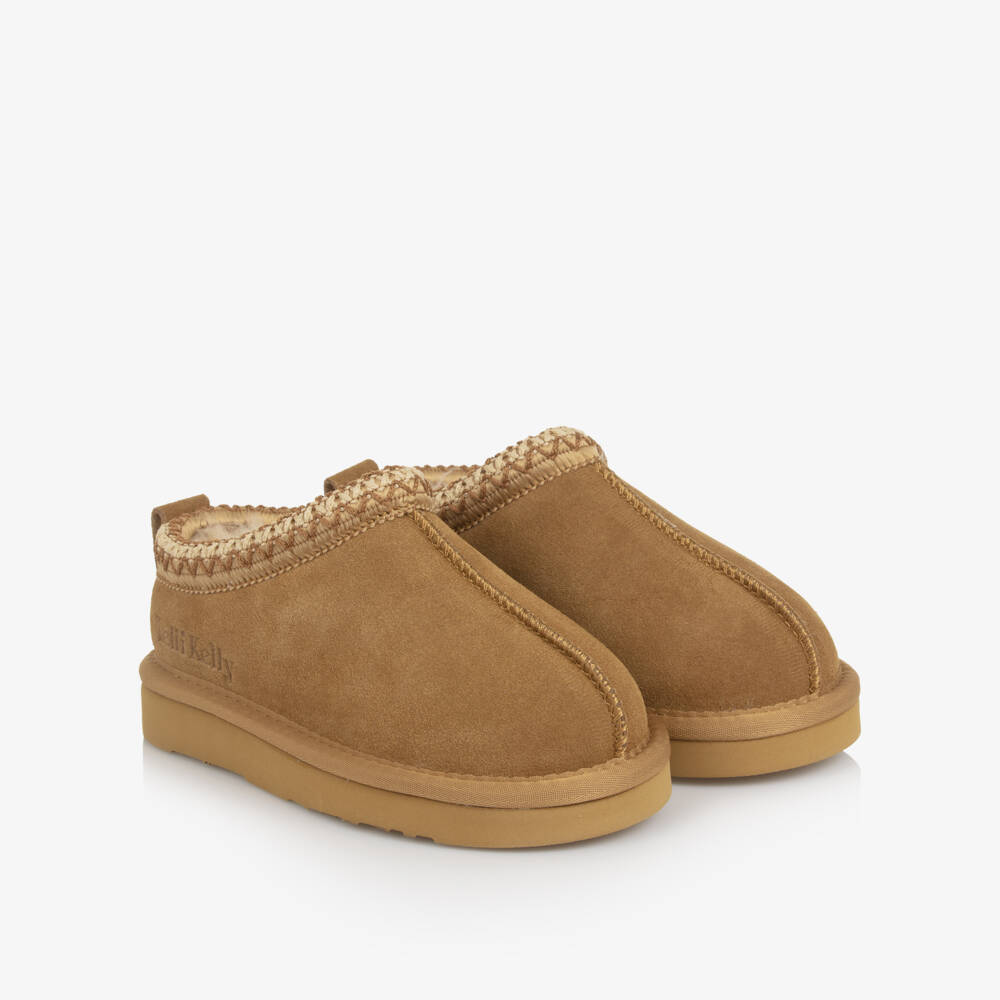 Lelli Kelly-Girls Brown Suede Leather Slippers with Faux Fur Lining | Childrensalon