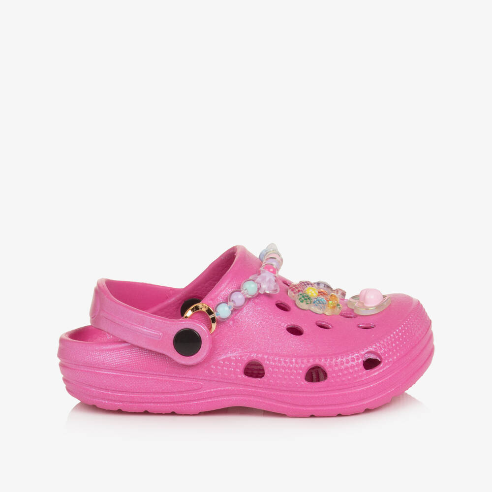 Lelli Kelly-Girls Fuchsia Pink Pearlescent Clog Sandals with Decorations | Childrensalon