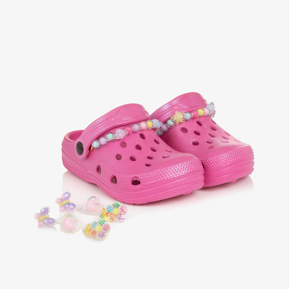Lelli Kelly-Girls Fuchsia Pink Pearlescent Clog Sandals with Decorations | Childrensalon