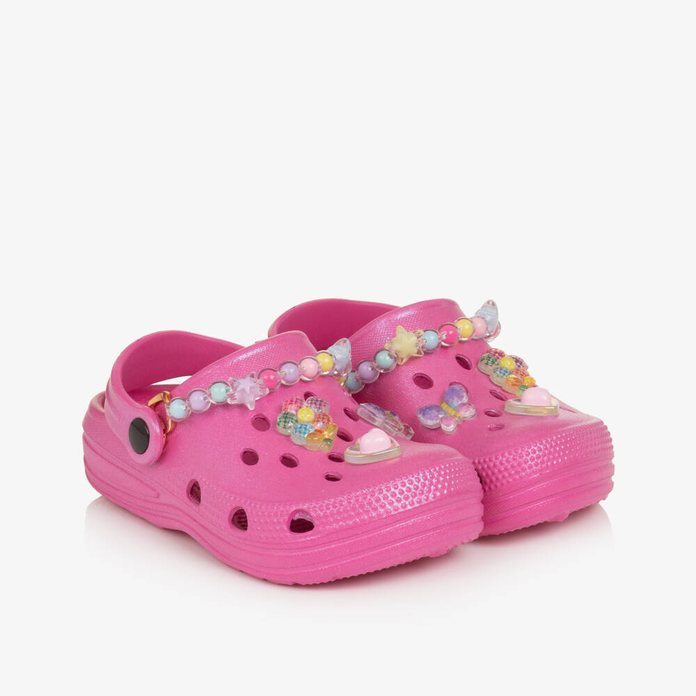 Lelli Kelly-Girls Fuchsia Pink Pearlescent Clog Sandals with Decorations | Childrensalon