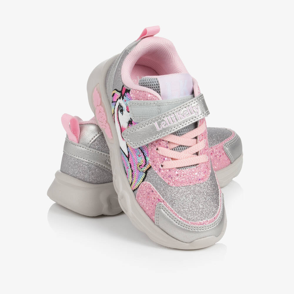 Lelli Kelly-Girls Glittery Silver & Pink Unicorn Light-Up Trainers | Childrensalon
