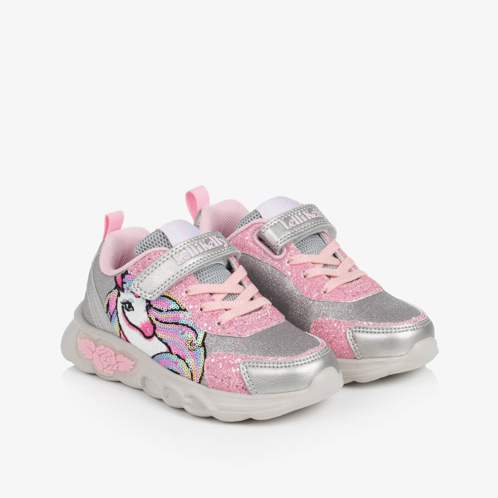 Lelli Kelly-Girls Glittery Silver & Pink Unicorn Light-Up Trainers | Childrensalon