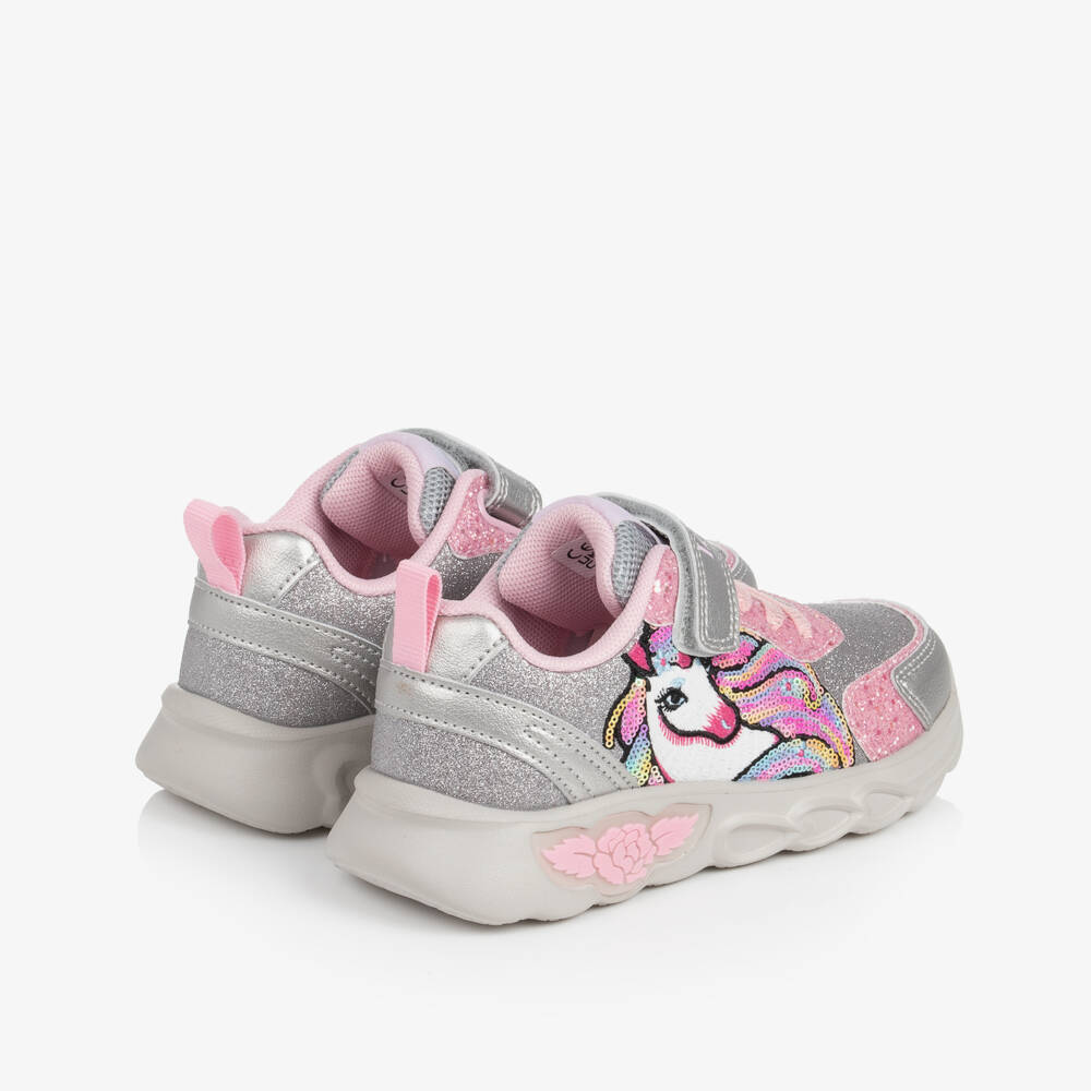 Lelli Kelly-Girls Glittery Silver & Pink Unicorn Light-Up Trainers | Childrensalon