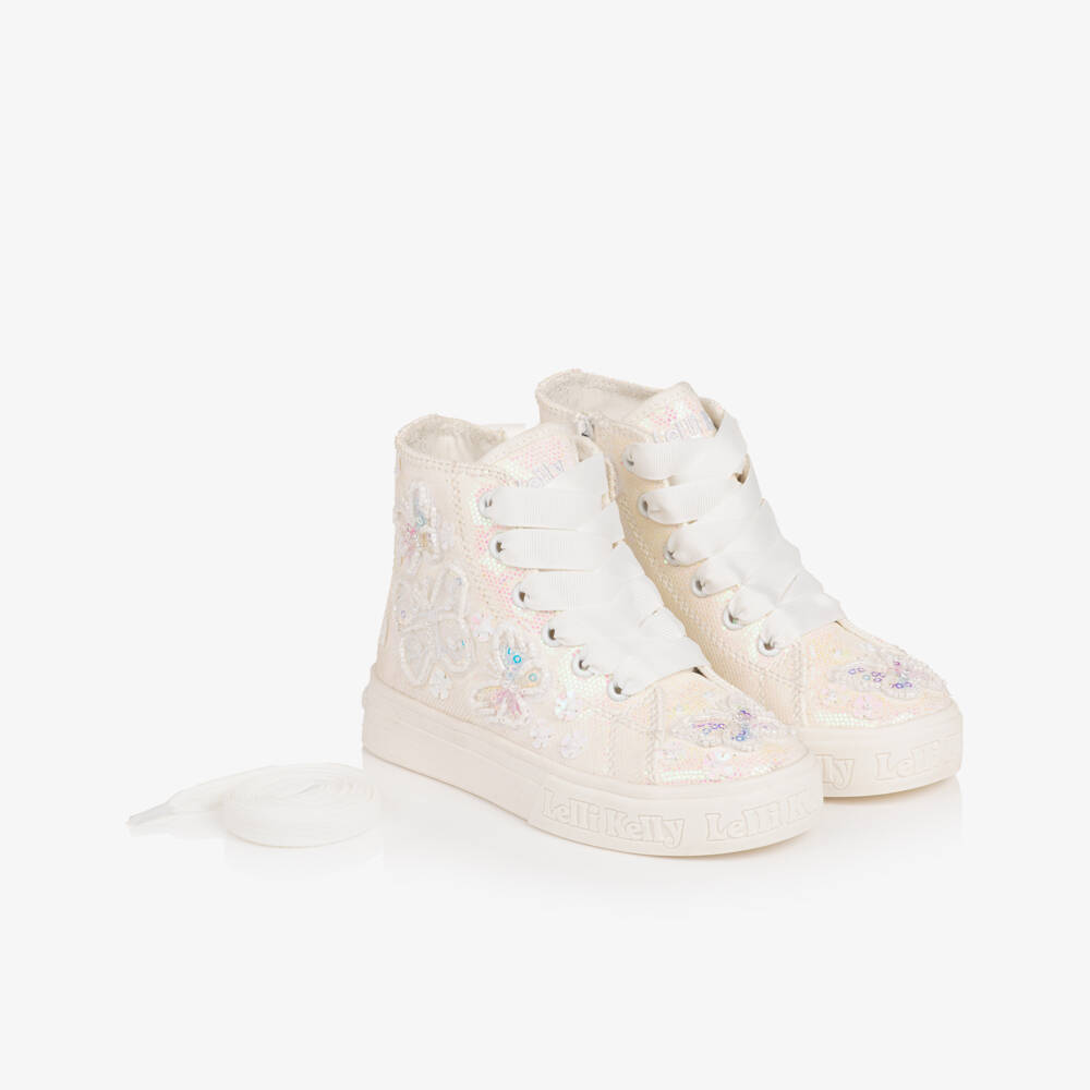 Lelli Kelly-Girls Iridescent White Glitter High-Top Trainers | Childrensalon