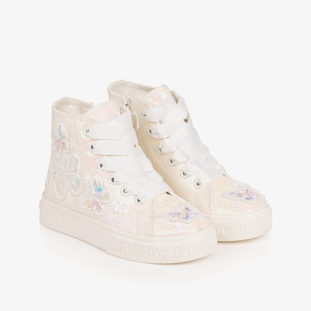 Lelli Kelly-Girls Iridescent White Glitter High-Top Trainers | Childrensalon