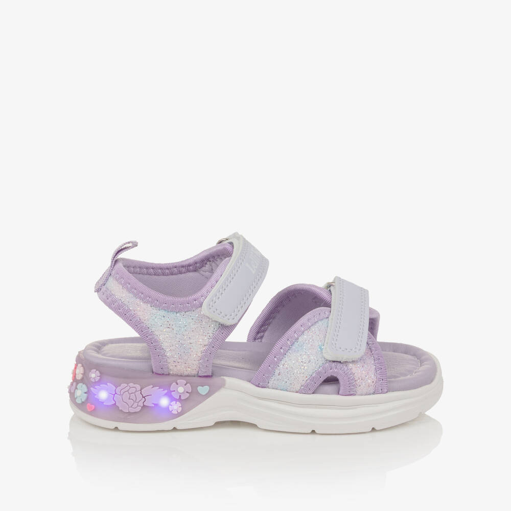 Lelli Kelly-Girls Lilac Glitter Sandals with Floral Light-Up Heel | Childrensalon