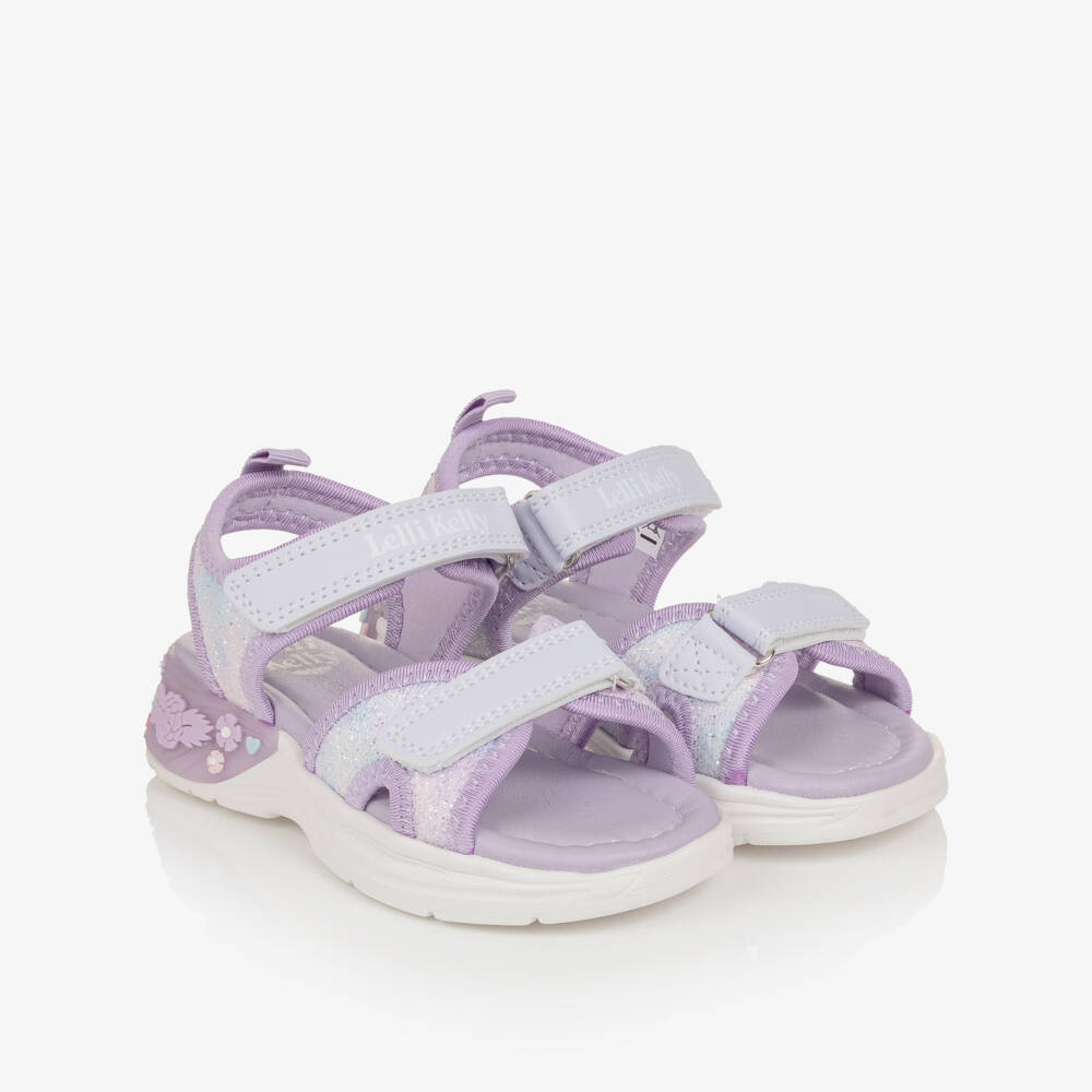 Lelli Kelly-Girls Lilac Glitter Sandals with Floral Light-Up Heel | Childrensalon