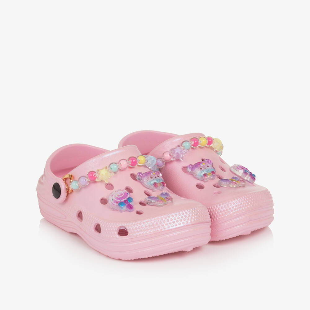 Lelli Kelly-Girls Pale Pink Pearlescent Clog Sandals with Decorations | Childrensalon