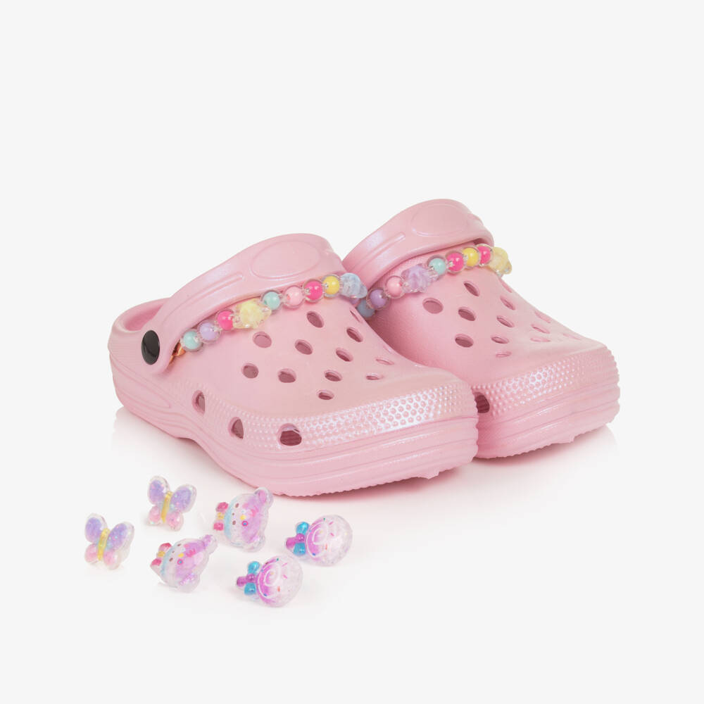 Lelli Kelly-Girls Pale Pink Pearlescent Clog Sandals with Decorations | Childrensalon